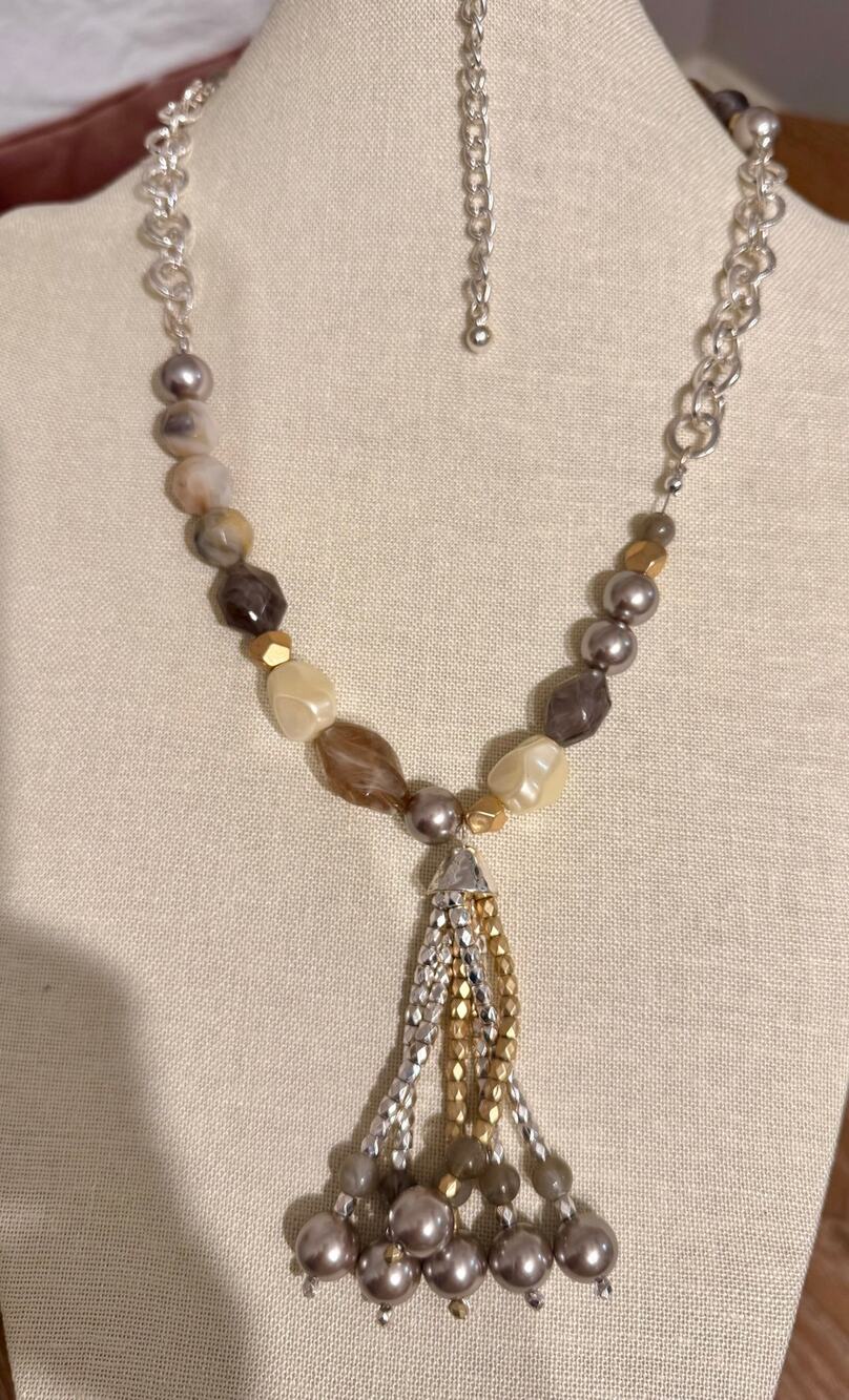 NWT Macy’s Neutral Beaded Tassel Statement Necklace 32” + 4”